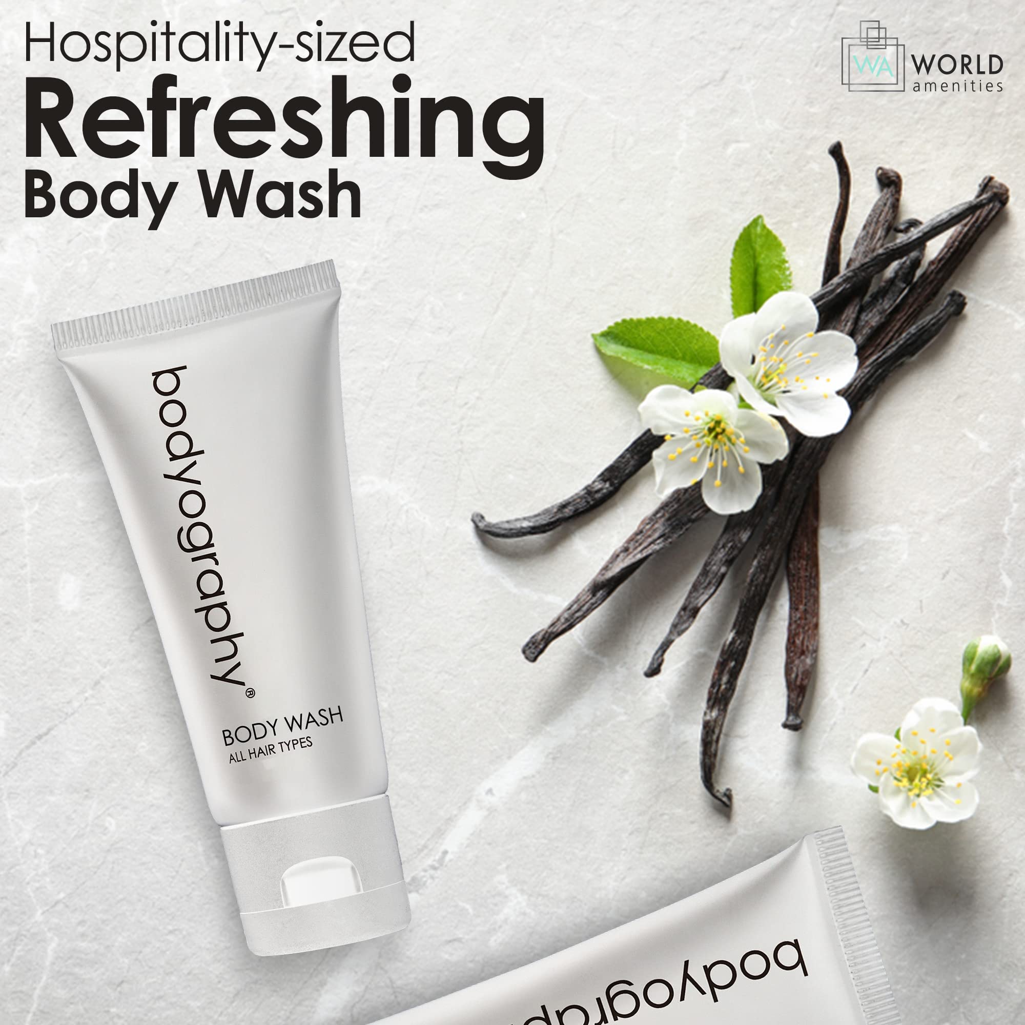 World Amenities - Bodyography blanc- Bulk Body Wash | 50 Count, 1.4oz | Vanilla White Tea, Mini Travel Size Toiletries (100% Recyclable Tube with Flip Top Cap) Hotel Amenities.