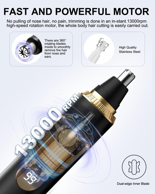 RAXMETRY Nose Hair Trimmer for Men,2026 Professional Painless IPX7 Waterproof,USB Rechargeable with LED Display Dual-Edge Blades,Black