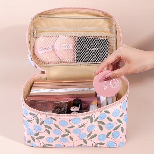 MAANGE Travel Makeup Bag, Cosmetic Bag, Portable Large Capacity Makeup Case, Make Up Organizer For Women, Oxford Cloth Toiletry Bag With Handle (Pink Plants)