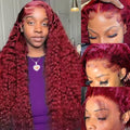 Skiennix 24-Inch Burgundy Deep Wave Wig - 13x4 HD Transparent Lace Front, 180 Density, Pre-Plucked