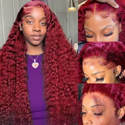 Skiennix 24-Inch Burgundy Deep Wave Wig - 13x4 HD Transparent Lace Front, 180 Density, Pre-Plucked