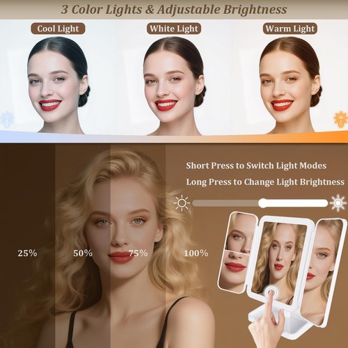 DailyCuddles Makeup Mirror Vanity Mirror with Lights, 3 Color Lighting Modes, 1X/2X/3X Magnification, Tri-fold, 360° Rotation, Phone Holder for Makeup, 2000mAh Rechargeable, Bedroom, Bathroom, (White)