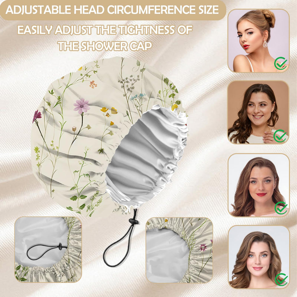 Zewurtuw 2 PCS Shower Cap Adjustable Reusable Double Waterproof Layer Elastic Hair Bath Cap Cute Aesthetic for Women Girls-Floral