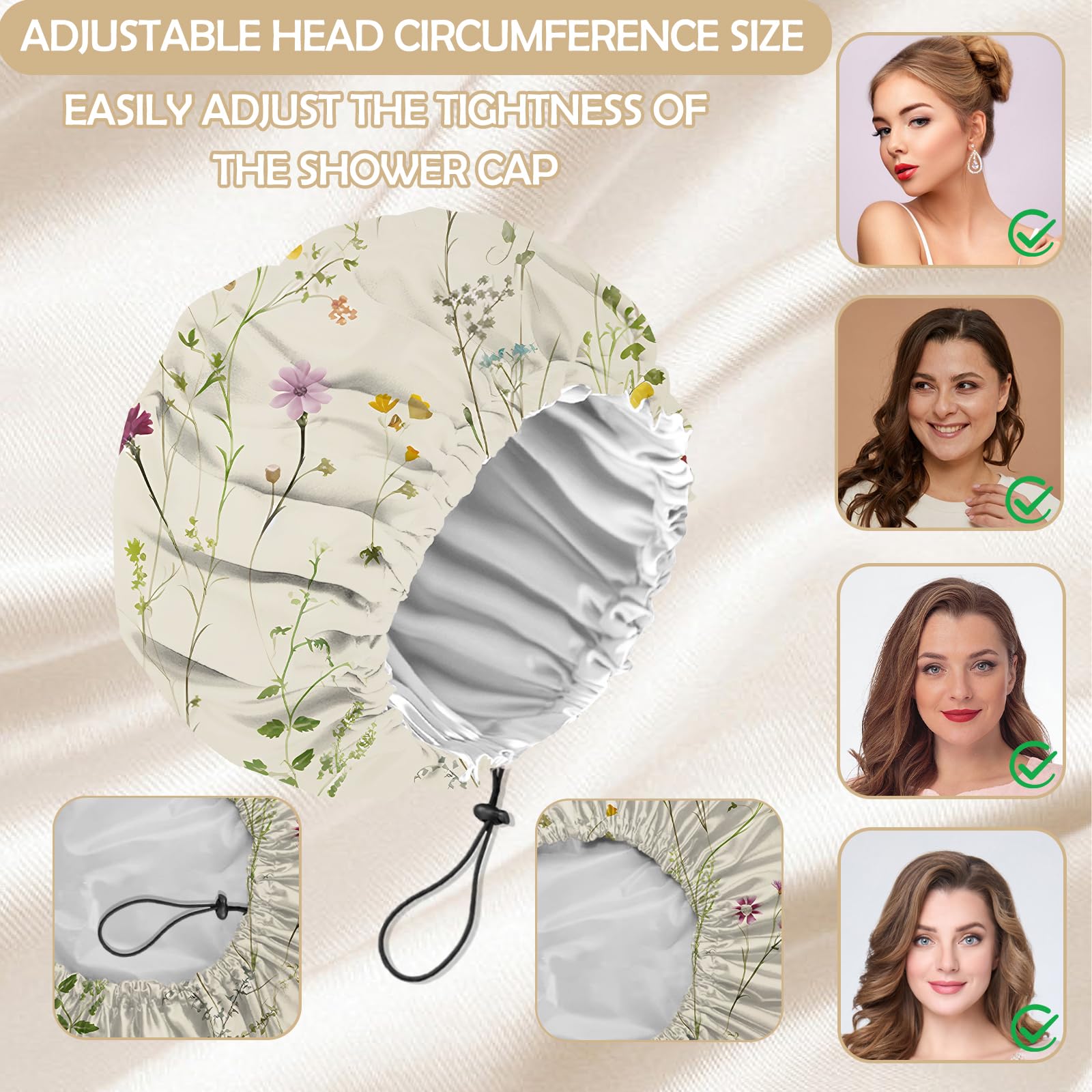 Zewurtuw 2 PCS Shower Cap Adjustable Reusable Double Waterproof Layer Elastic Hair Bath Cap Cute Aesthetic for Women Girls-Floral