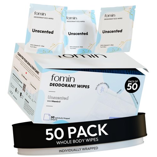 FOMIN Travel Deodorant Wipes - 50 Count - Unscented - pH Balanced, Hypoallergenic Mini Deodorant For Women and Men - Plastic-Free, Individually Wrapped Underarm & Body Wipes