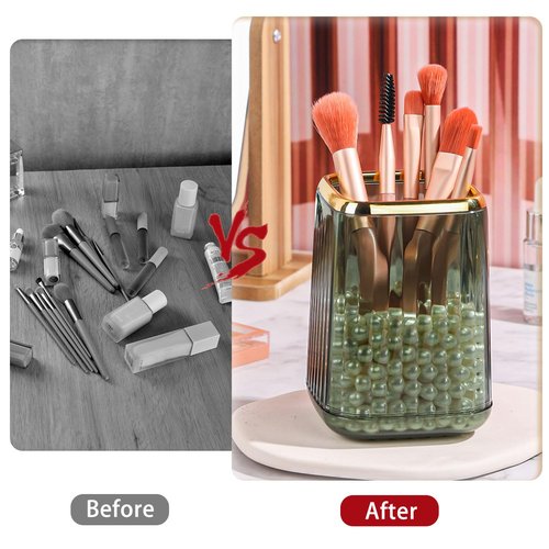 RAMFIYN Gold Clear Makeup Brush Holder, Vintage Cosmetic Beauty Organizers Cup for Vanity, Lip Pencil Holder Vintage Lipstick Holder - Green
