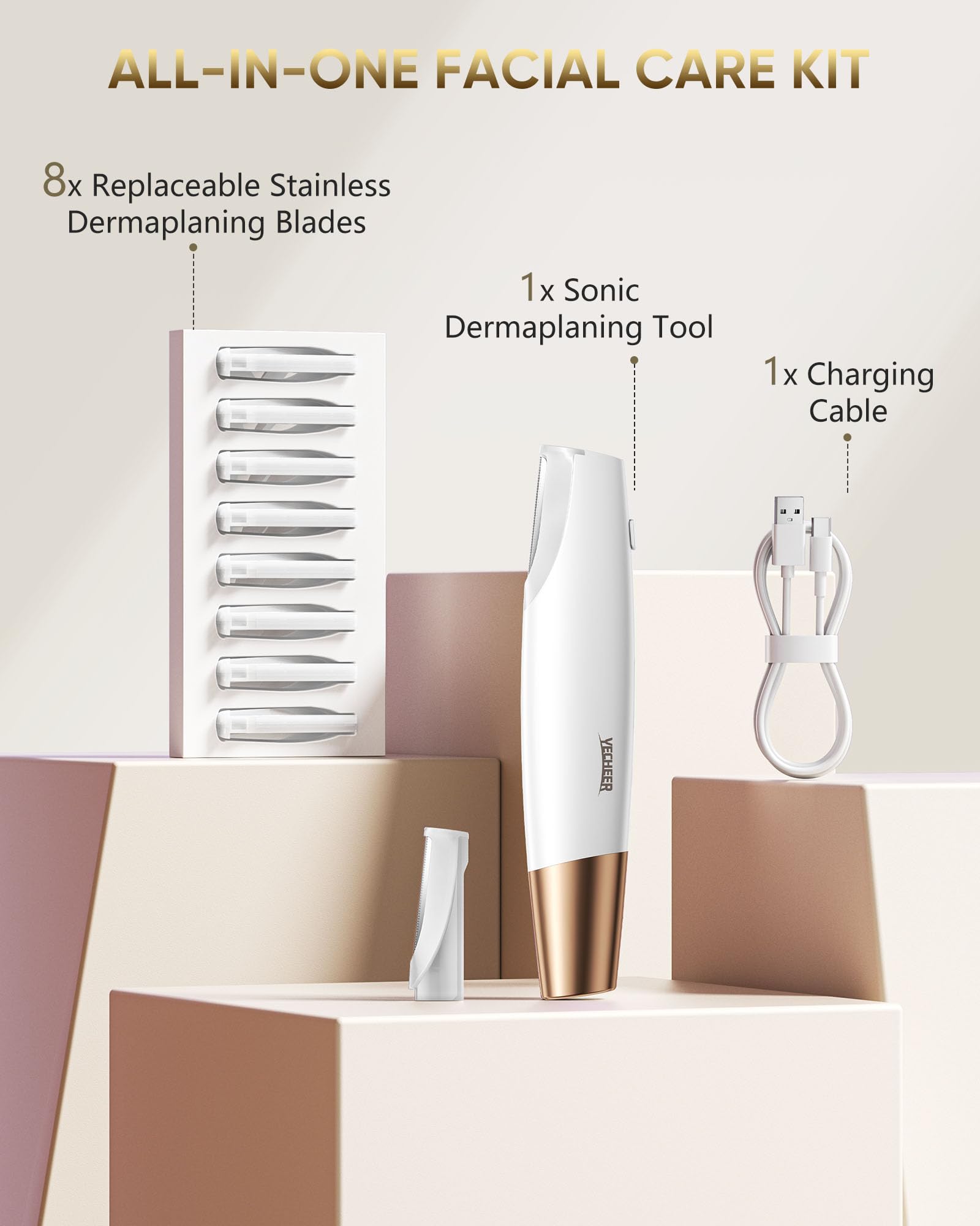 Yecheer Dermaplane Razor for Women Face: Sonic Dermaplaning Tool for Smooth&Flawless Skin - Professional Peach Fuzz Remover w/LED Light&8 Refill Blades - Non-Irritating Electric Facial Hair Removal