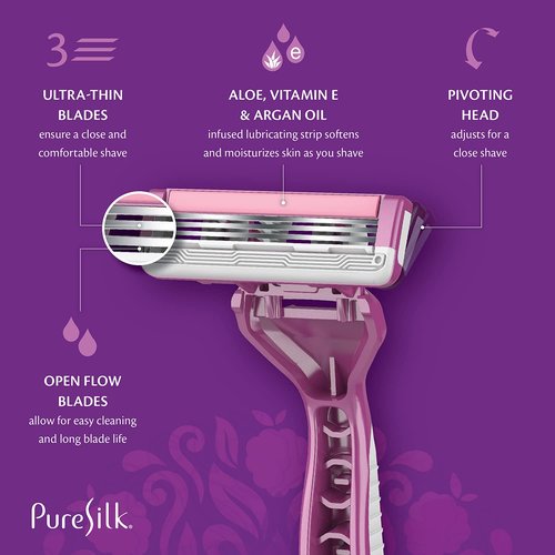 Pure Silk Contour 3 Premium Disposable Razor Value Pack Bundle (3 Packs/12 Total Razors)