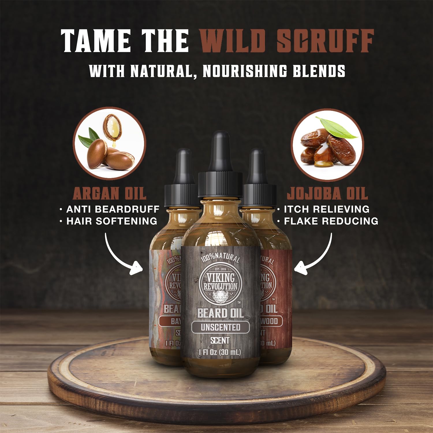 Viking Revolution Beard Oil - Natural Conditioning Oil Variety Set | Sandalwood, Unscented & Bay Rum (3 Pack, 1oz)