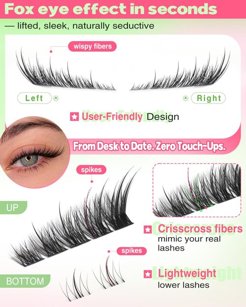 Focipeysa Wispy Lash Clusters Spiky Eyelash Clusters 10-18mm Eyelash Extensions Fox Eye Eyelash Right Left Individual Lashes Cat Eye Lashes Thin Soft Lash Extension Waterproof Lash Cluster