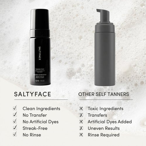 SALTYFACE - Tanning Foam (Light to Medium) - Self Tanner for Body, Legs, Arms, Back - No Color Transfer - Oil Free, Fragrance Free - Streak-Free, Non-Clogging - Vegan Skin Care - 5 FL OZ (150 ML)
