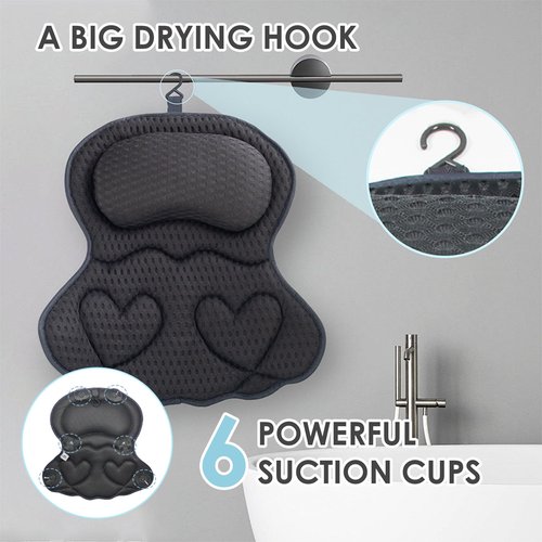 Bath Pillows for Tub Luxury, Bath Pillow for Head and Neck, Fit Bathtub Hot Tub Relaxing Gifts for Women, Comfort 4D Air Mesh Fabric & 6 Non-Slip Suction Cups (Gray)