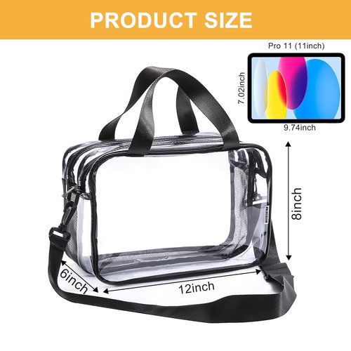 Officentra Clear Toiletry Bag for Women with Zipper–Clear Makeup Bag with Shoulder Strap & Handheld Handles – Stadium Bags for Women with Wet/Dry Compartments for Concerts, Travel, Work & Sports