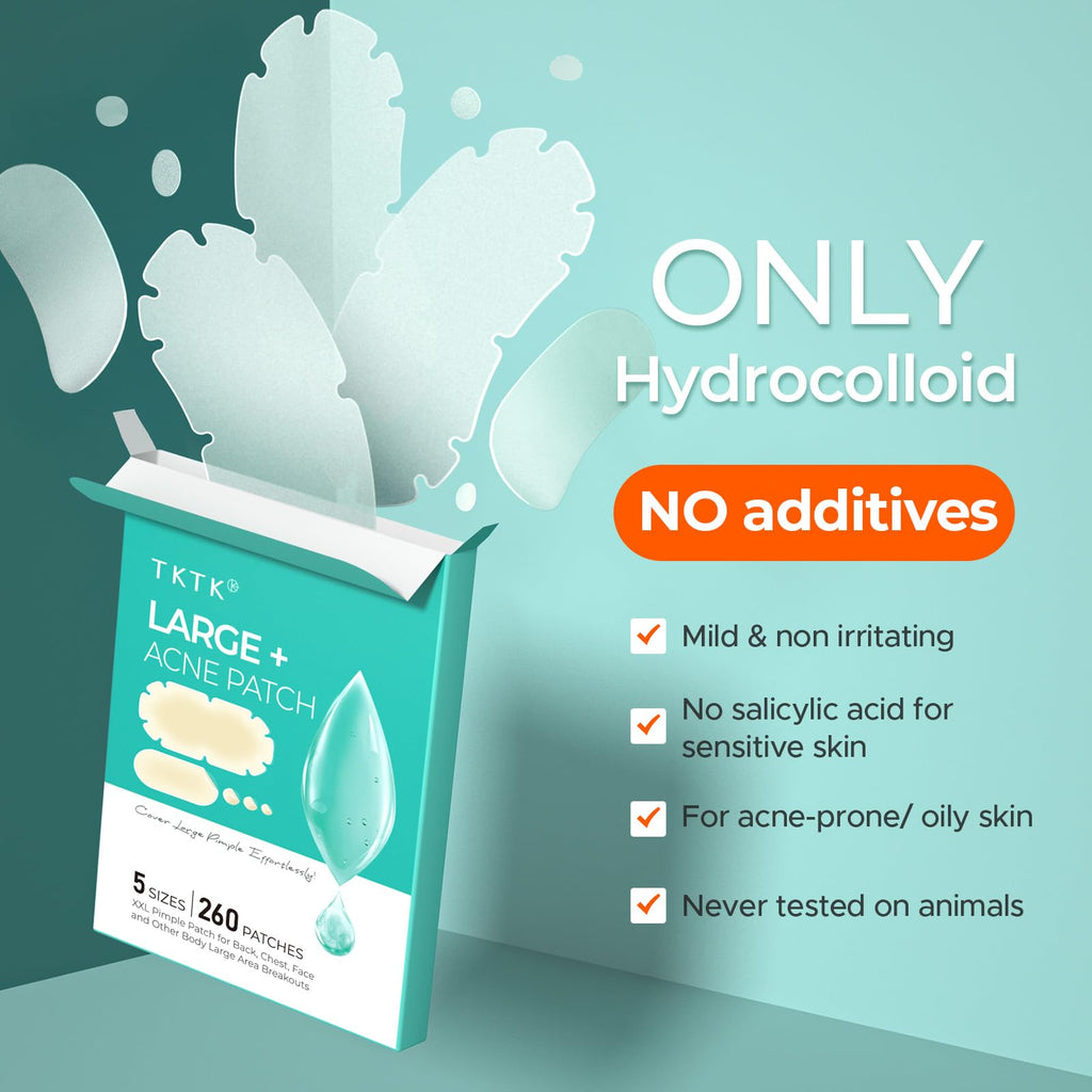 XXL Pimple Patches for Body, Large Hydrocolloid Acne Patches, 5 Sizes Big Hydrocolloid Bandages for Back, Chest, Shoulders Zit Breakouts, Blemish Patch for Face (Oval, Dot 260 Count)