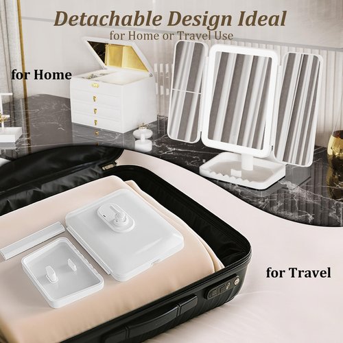 DailyCuddles Makeup Mirror Vanity Mirror with Lights, 3 Color Lighting Modes, 1X/2X/3X Magnification, Tri-fold, 360° Rotation, Phone Holder for Makeup, 2000mAh Rechargeable, Bedroom, Bathroom, (White)