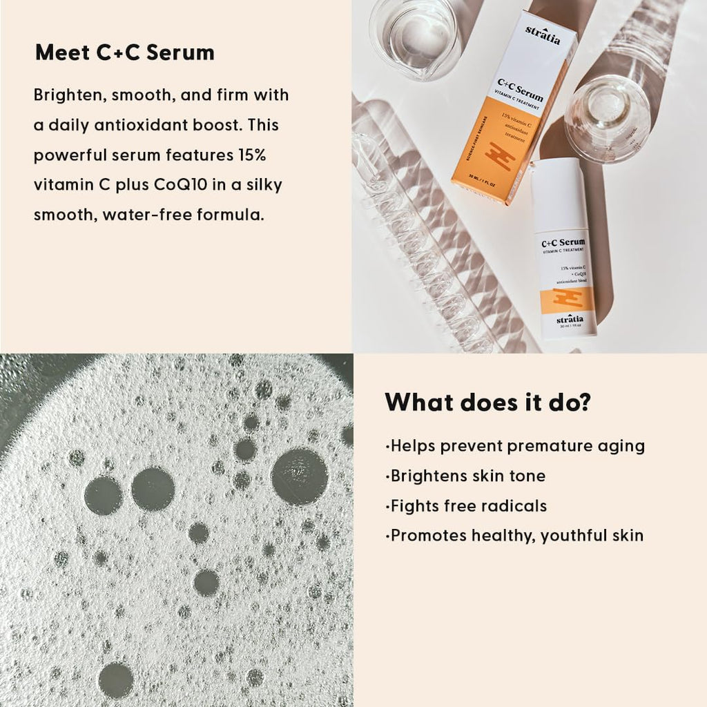 Stratia C+C Vitamin C Serum - 15% Potent Formula with 10% L-Ascorbic Acid for Bright, Even Skin - 1 Fl Oz