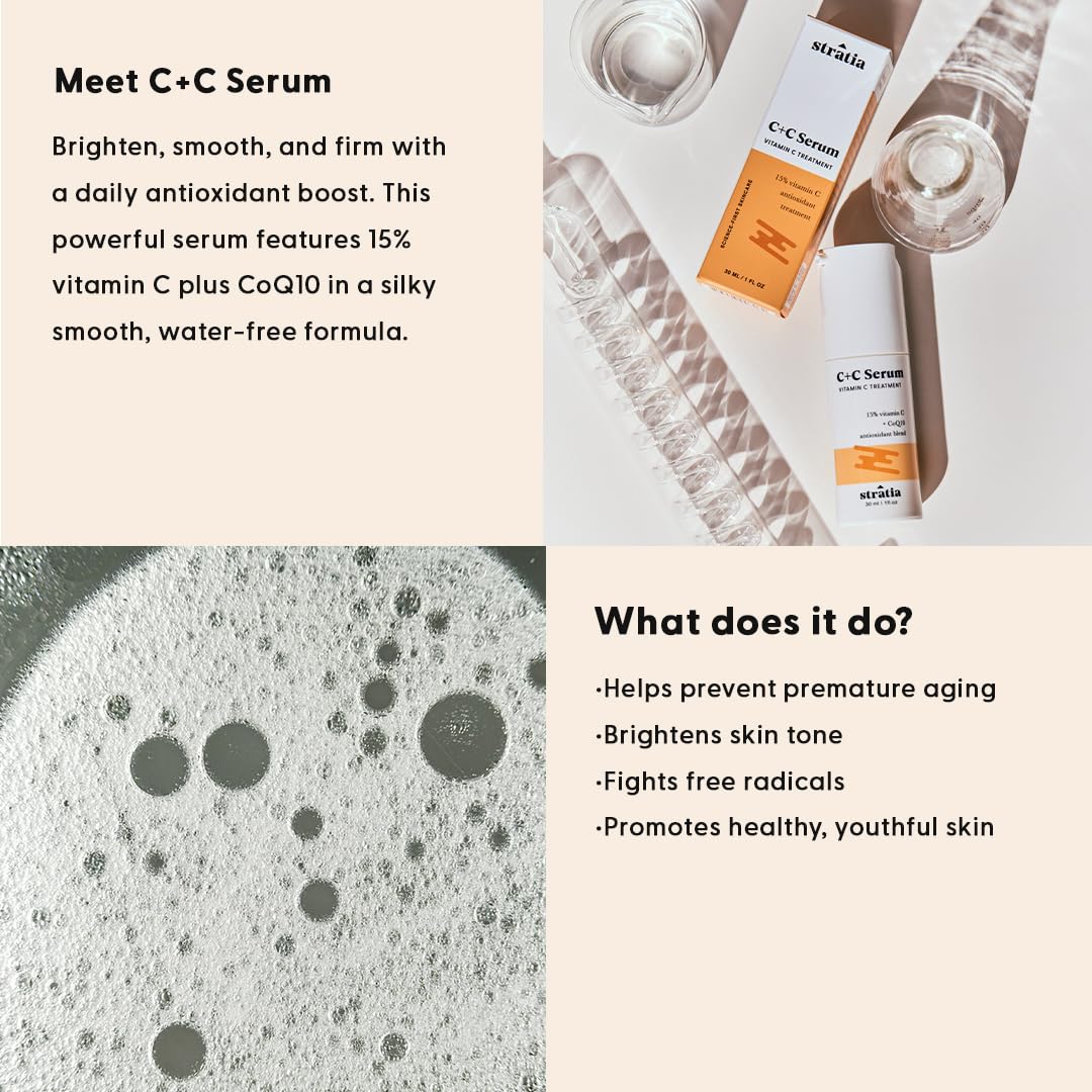 Stratia C+C Vitamin C Serum - 15% Potent Formula with 10% L-Ascorbic Acid for Bright, Even Skin - 1 Fl Oz