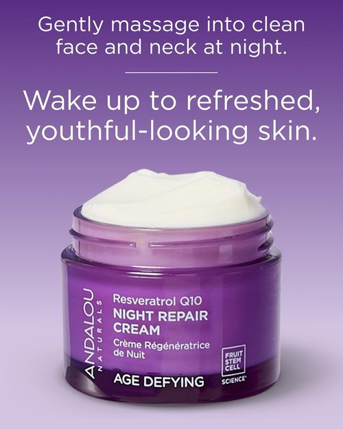 Andalou Naturals Age Defying Night Repair Cream - Hydrating Anti-Wrinkle Moisturizer with CoQ10 & Resveratrol - 1.7 oz