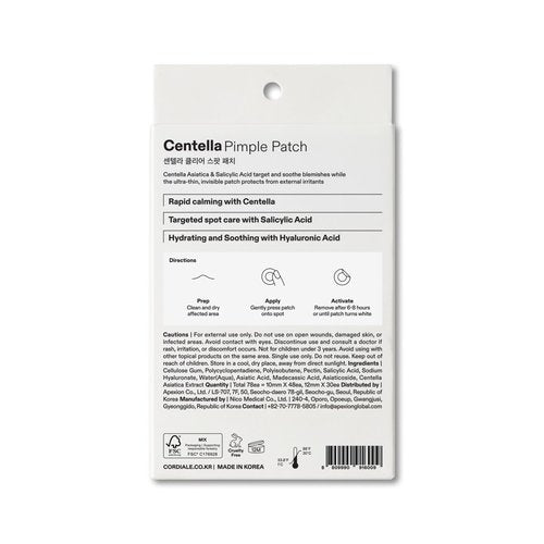 Cordiale Centella Pimple Patches with Salicylic Acid & Hyaluronic Acid, Hydrocolloid Acne Spot Patches for Face & Chin, Invisible Zit/Blemish Stickers, Korean Skin Care (78 Count, 2 Sizes)