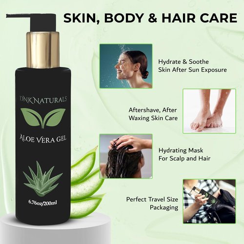 DNK Naturals Aloe Vera Gel made from fresh 100% Pure Aloe - Sunburn Relief - Calms Irritated Skin - Hydrates - With Niacinamide - For Face, Body, and Hair - Vegan, No Fragrance - 200ml