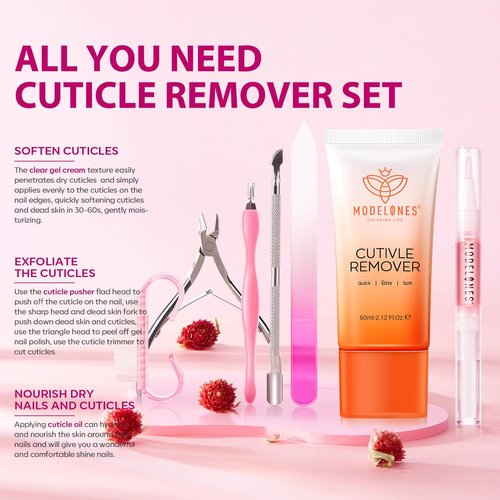 Modelones Cuticle Remover Kit - Complete Cuticle Care Set with Trimmer, Pusher & Nipper for DIY Manicure