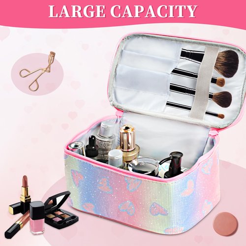 DALINEEYI Makeup Bag, Travel Makeup Case Organizer With Handle and Divider, Make Up Box for Women, Cute Cosmetic Bag for Girls Sister Gifts