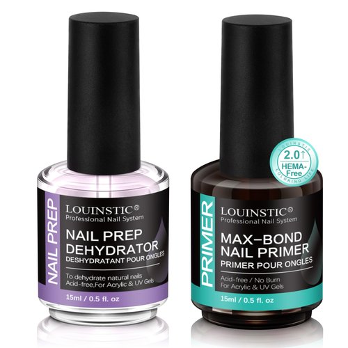 LOUINSTIC Nail Prep Dehydrator and Acid-Free Primer, Quick-Dry & Safe for Nails, for UV Gel, Acrylic, Gel Nail Polish & Press-On Nails Hema-Free – Professional Salon & DIY Manicure Kit, 15ml