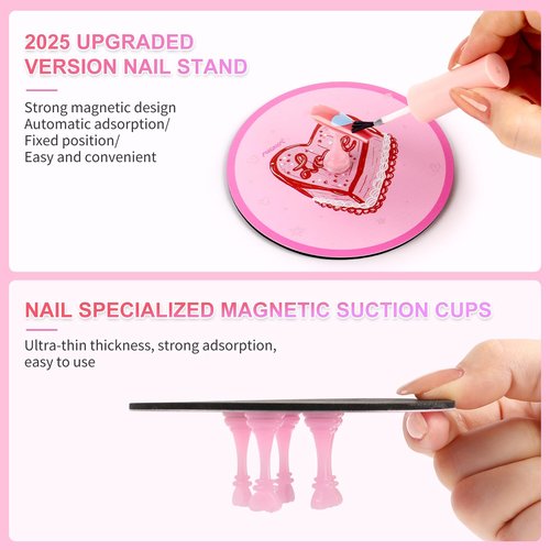 ANGNYA Nail Stand for Press Ons, Round Super Magnetic Base Nail Holder for Painting Nails with 200 Pcs Reusable Double-Sided Tape for Nails Practice Nail Tools Home DIY Salon Supplies