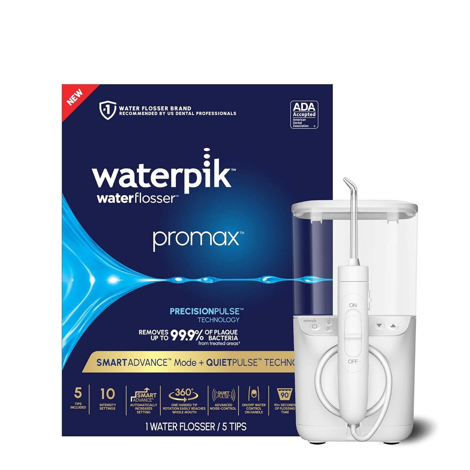 Waterpik Promax Water Flosser - SmartAdvance Mode for Gum Health | 10 Settings, 5 Tips, Compact Design