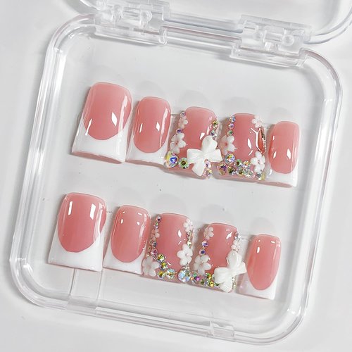 Handmade Press on Nails Short Duck 3D Floral Thick Acrylic Fake Nails White French Tip False Nails with Bow Flower Rhinestones Designs Nail Elegant Sturdy Art Nude Press on Nail 10Pcs(M)