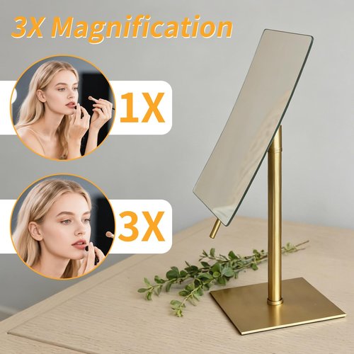 Gecious Bronze Table Standing Rectangular Vanity Makeup Mirror with 3X Magnification, Highly Adjustable, Crafted from 304 Stainless Steel, for Hotel Bathroom