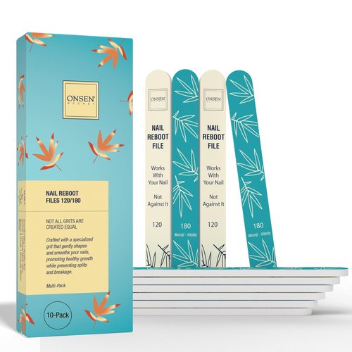 Onsen Secret Japanese Nail File - Professional 10-Pack Nail Files, Double Sided Natural & Acrylic Filers - 120/180 Grit - Disposable, Salon Smooth | Best Onsen File for Shiny Nails