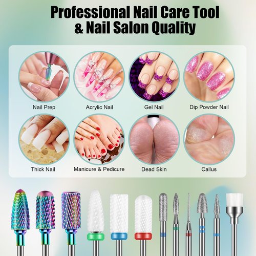 13PCS Nail Drill Bits Set, 3/32” Professional Drill Bits Nail Tech, Tungsten Carbide Ceramic Efile Nail Bits with Brush, Cuticle Remover Bits for Acrylic Gel Dip Powder Nail Manicure