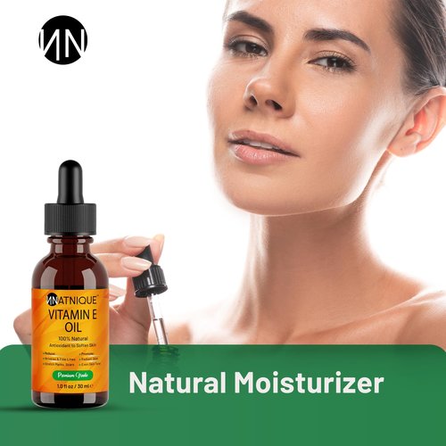 Natnique Vitamin E Oil 1 oz – Natural D-Alpha Tocopherol for Face, Skin, Hair & Nails – Pure, Non-GMO Moisturizer for Scars, Stretch Marks & Dry Skin – Cold-Pressed Carrier Oil for Body & Beauty Care