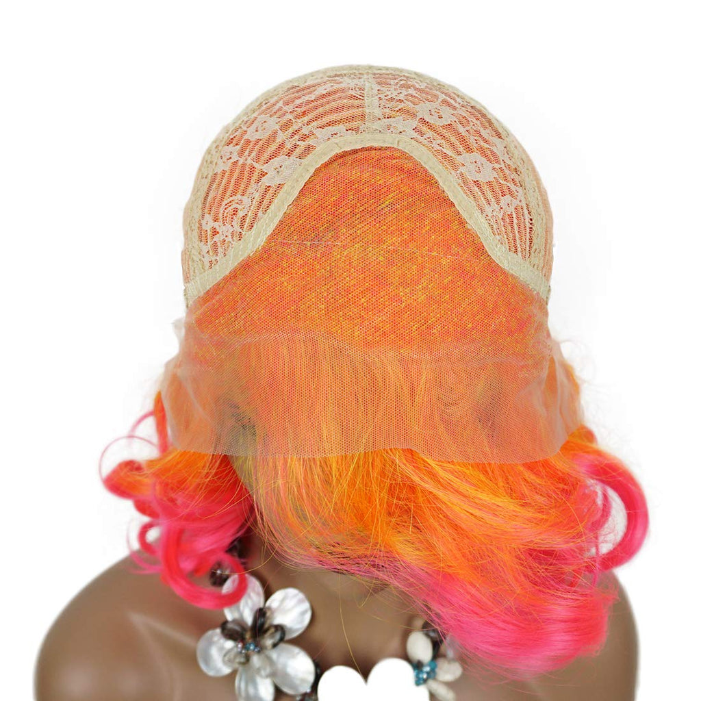 Wiginway Orange Pink Synthetic Lace Front Wig With Side Parting 14 Inch Drag Queen Wavy Wig Ombre Short Bob Wigs For Black Women