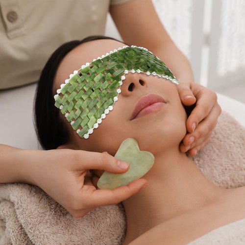Coume 4 Pcs Jade Eye Mask Reusable Sage Green Facial Cooling Mask for Hot and Cold Anti-Aging Therapy to Reduce Wrinkles Puffiness Migraines Crystal Relief Sleeping Mask for Women Spa Treatment Gift