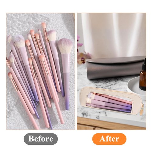 Psyqtsuary Small Clear Makeup Bag, PU Leather Travel Makeup Brush Case Portable Transparent Waterproof Cosmetic Organizer Pouch with Zipper for Women Home Travel Office Cosmetic Storage (Beige)