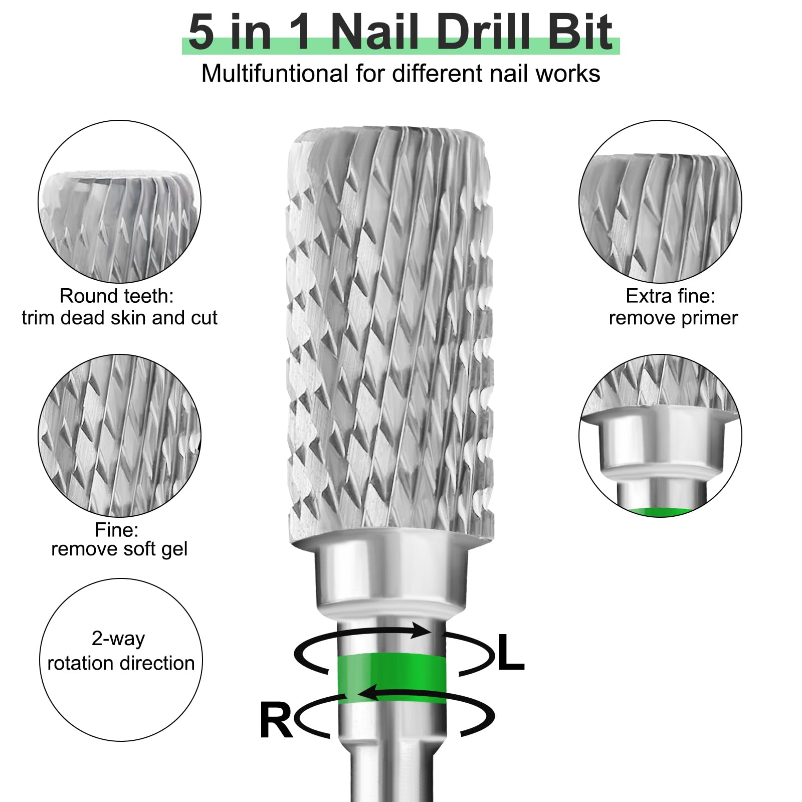 Vnjaoi Professional Electric Nail Drill Bits 3/32" Carbide Bit Cuticle Drill Bits Nail Files for Fast remove Acrylic or Hard Gel Nail Drill Bit for Manicure Pedicure(Silver, Coarse Grit)