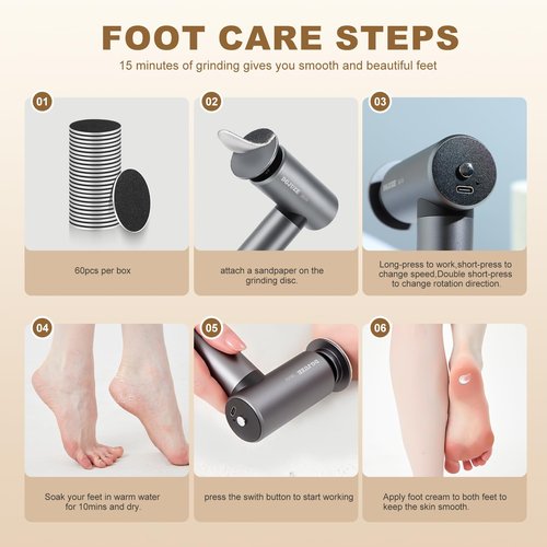 DGJUZE Premium Electric Foot Callus Remover, Ergonomic T-Grip 2600mAh Rechargeable 3-Speeds All Metal Foot File for Dead Skin Cracked Heels Pedicure kit at Home with 60pcs Sandpaper Pads