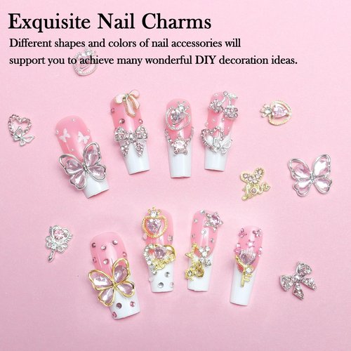 Laza 50pcs Nail Charms Y2k Alloy Nail Rhinestone Charms 3D Heart Star Butterfly Nail Gems Tulips Cherry Pink Bow Jewelry Crystal Shiny Rhinestones Nail Decoration Accessories for Nail Design