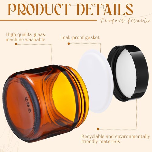 Patelai 2 oz Glass Jars with Lids, 4 Pack Amber Cosmetic Jars with Black Lids Leakproof and Dishwasher Safe for Travel Storage Makeup, Cream,Lotion,Ointments