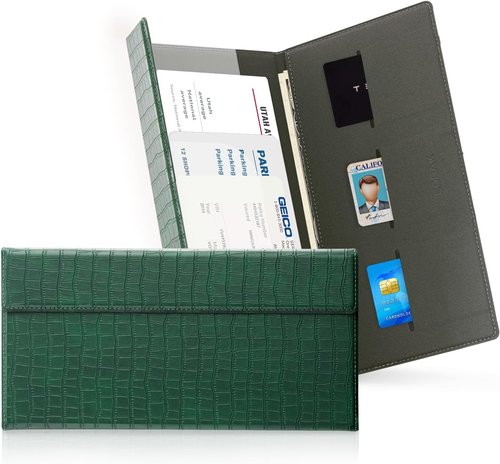 CoBak Leather Car Registration & Insurance Holder - Magnetic Compartment Glove Box Organizer, Dark Green