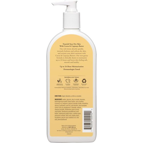 Burt's Bees Body Lotion - Nourishing Butter Formula for Dry Skin with Cocoa & Cupuaçu, 12 Oz