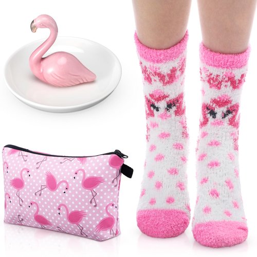 Newtay 3 Pcs Valentines Day Gifts for Women, Ring Holder Makeup Bag Fuzzy Socks with Grippers, Cute Gifts for Holiday(Flamingo)