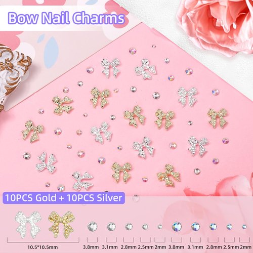 3D Bow Nail Charms and Gems, Pink Black Bows Flower Nail Art Charms Alloy Bows for Nails, Mixed Nail Gems Rhinestones Bowknots Caviar Beads Charms for Nails DIY Nail Art Accessories