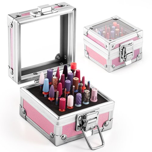 MelodySusie Nail Drill Bits Holder, 25 Holes Case, Portable Dustproof Displayer Organizer Container, Nail Tech Professional Nail Art Tool, Travel Salon Home, Pink (Drill Bits Not Included)