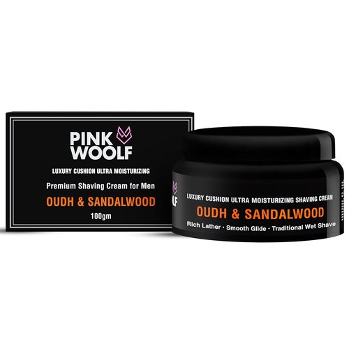 Pink Woolf Premium Shaving Cream - Oudh & Sandalwood Scent - Rich Lather for Smooth Shave - 3.5 oz