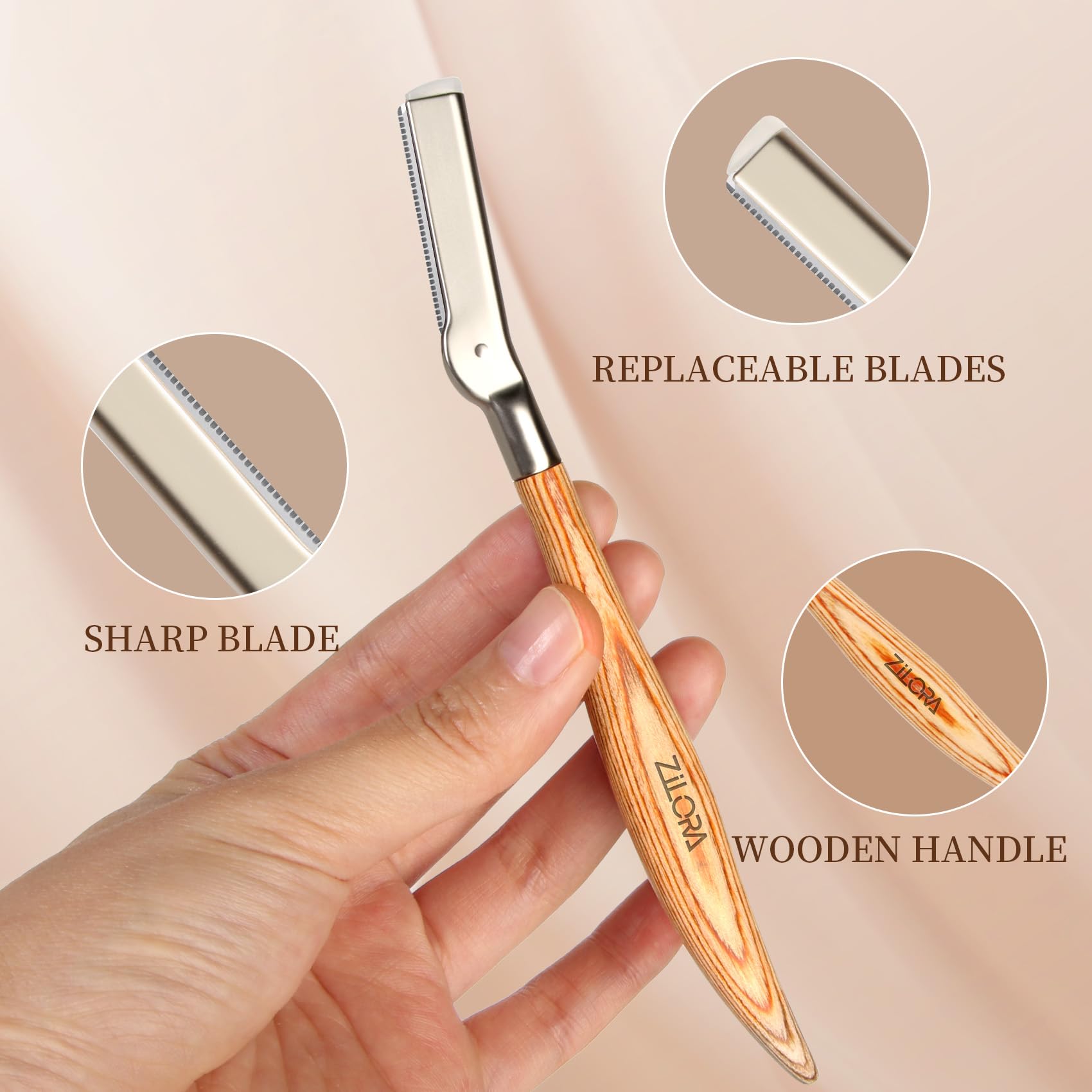 ZiLORA EyeBrow Razor with Safety Mesh Guard – Wooden Handle Eyebrow Trimmer for Women & Men, Includes 8 Replacement Blades & Leather Pouch for Peach Fuzz, Lip Hair & Brow Shaping