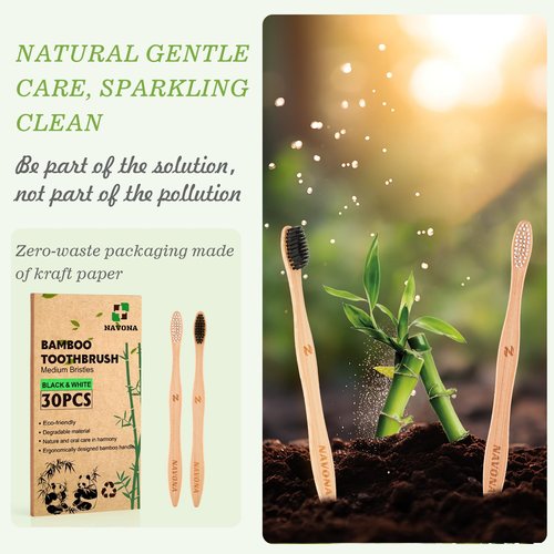 Navona 30 PCS Bamboo Toothbrushes Pack, BPA Free Medium Soft Bristles Toothbrushes for Adults, Eco-Friendly Natural Wooden Toothbrush Bulk, Box of Two Reusable Travel Toothbrush