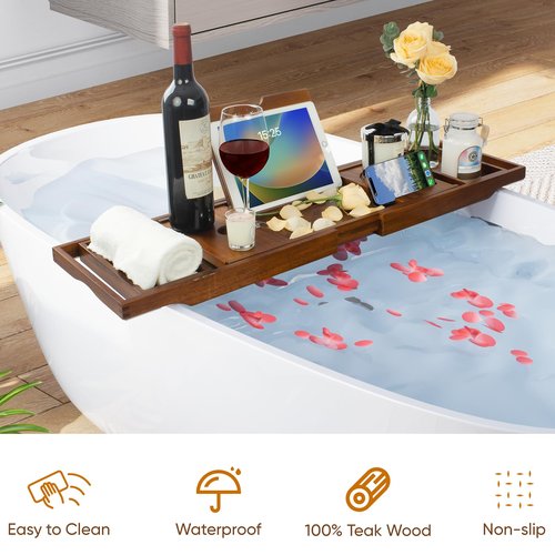 Kiasthome Teak Bathtub Caddy, Expandable Bath Tray, Non‑Slip Luxury Tub Caddy with Wine Phone Tablet Holder, Wooden Bath Accessory for Home Spa and Gift